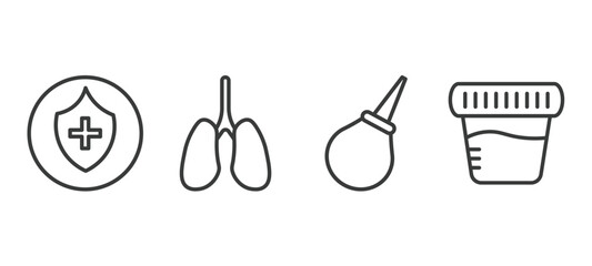 set of health and medical thin line icons. health and medical outline icons included medical shield, lung, enema, urine vector.