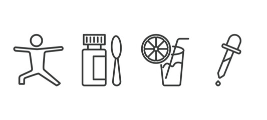 set of health and medical thin line icons. health and medical outline icons included exercise, syrup, orange juice, pipette vector.