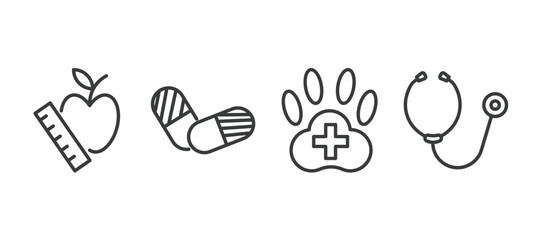 set of health and medical thin line icons. health and medical outline icons included nutrition, pills, veterinary, phonendoscope vector.