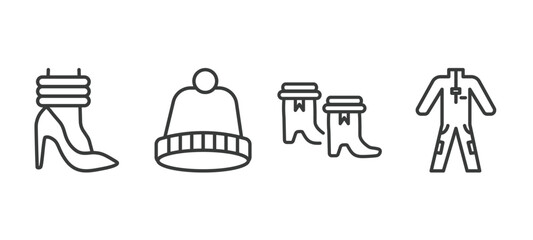 set of fashion and things thin line icons. fashion and things outline icons included leg warmer, knit hat, boot for women, working coverall vector.