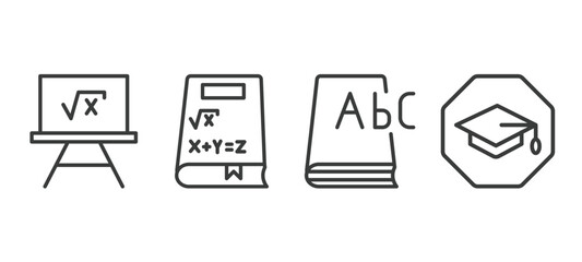 set of education thin line icons. education outline icons included square root in class, math book, 3d dictionary, studies vector.