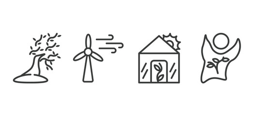 set of ecology thin line icons. ecology outline icons included wind bending tree, wind energy, green house, eco volunteer vector.