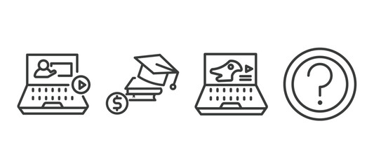 set of distance learning thin line icons. distance learning outline icons included video tutorial, scholarship, paleontology, ask vector.
