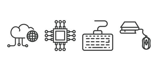 set of computer and tech thin line icons. computer and tech outline icons included information network, square chip, keyboard with cable, book and computer mouse vector.