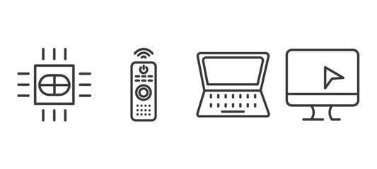 set of computer and tech thin line icons. computer and tech outline icons included computer micro chip, tv controller, open laptop on, monitor vector.