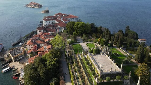 Italy - Drone aerial  view of Isola Madre, Isola Bella e Isola dei Pescatori,  the three Borromeo Islands in Stresa Arona Lake Maggiore - Amazing garden and palace - tourist attraction destination 