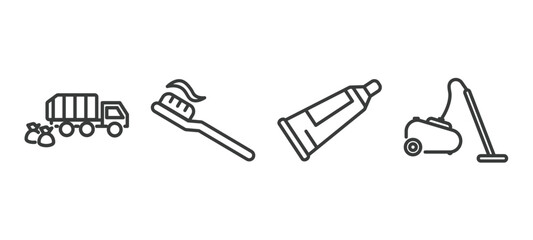 set of cleaning thin line icons. cleaning outline icons included garbage truck cleanin, toothpaste cleanin, toothpaste, vacuum cleanin vector.