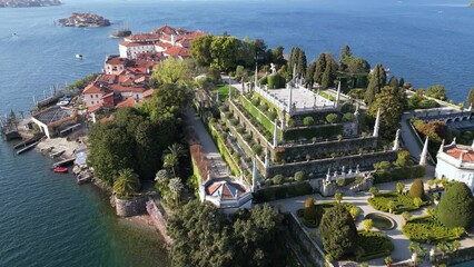 Italy - Drone aerial  view of Isola Madre, Isola Bella e Isola dei Pescatori,  the three Borromeo Islands in Stresa Arona Lake Maggiore - Amazing garden and palace - tourist attraction destination 
