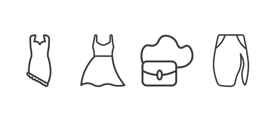 set of clothes and outfit thin line icons. clothes and outfit outline icons included jersey wrap dress, long bandeau dress, hobo bag, slit skirt vector.