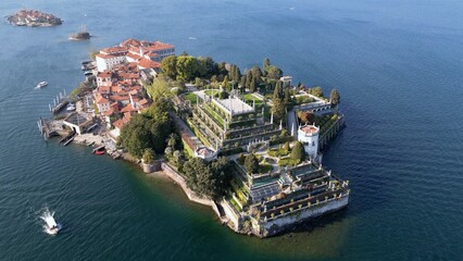 Italy - Drone aerial  view of Isola Madre, Isola Bella e Isola dei Pescatori,  the three Borromeo Islands in Stresa Arona Lake Maggiore - Amazing garden and palace - tourist attraction destination  © andrea
