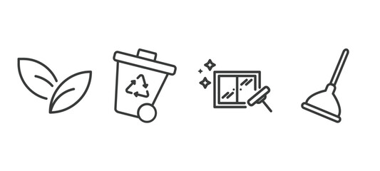 set of cleaning thin line icons. cleaning outline icons included leaves, wiping trash container, window cleanin, plunger cleanin vector.