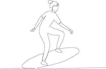 A woman surfing with a surfboard. Surfing one-line drawing