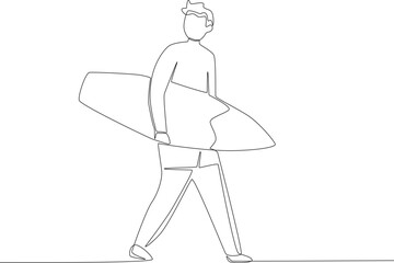 A man carrying a surfboard on the beach. Surfing one-line drawing