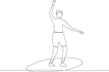 A man surfing while holding up two fingers. Surfing one-line drawing
