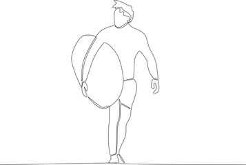 A man carrying a surfboard looking out to sea. Surfing one-line drawing