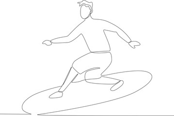 A boy surfing extreme waves. Surfing one-line drawing