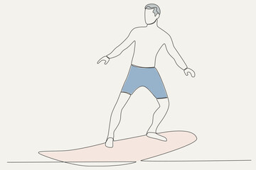 Color illustration of a man surfing in the middle of the sea. Surfing one-line drawing