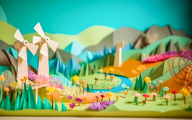 Eco landscape of mountains with windmills, flowers, houses and nature, made with colored cardboard and recycled cardboard. Ecological concept, renewable energy and environment. Generate ai