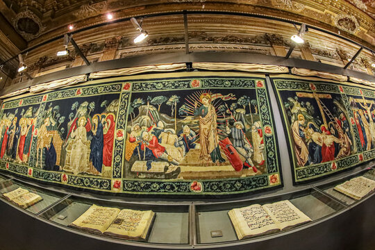 Medieval carpets and books in the museum inside the St Mark's Basilica, Venice, Italy