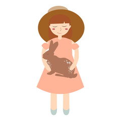 cute girl in hat with rabbit in hands smile, spring concept easter vector illustration