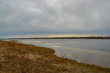 Dirty spring beach, environmental pollution problem. Toxic decaying algae. Ecological catastrophy. world environment day