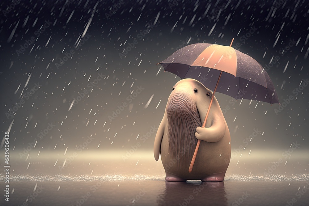 Sticker Cute Cartoon Walrus  Holding an Umbrella in the Rain (Generative AI)