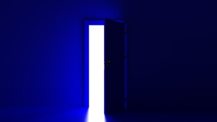 Open the door. Symbol of new career, opportunities, business ventures and initiative. Business concept. 3d render, white light inside open door isolated on blue background. Modern minimal concept.