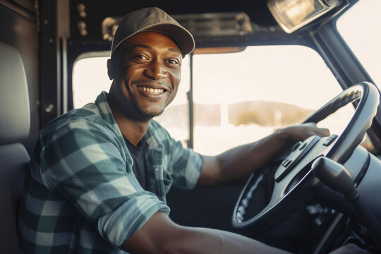 Black male truck driver driving a truck. Generative AI