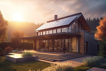 ecological luxury house with solar panels on the roof. Generative AI