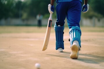 A cricket player walking on the ground in a blue jersey. Generative AI.