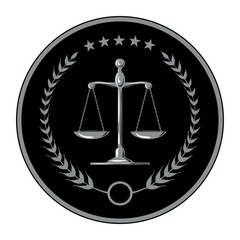 Luxury silver logo. Court, justice, scales, laurel wreath. Judicial icon in vector. Scales of justice.  The symbol of the balance of the law. Scales in a flat design. Gold balance