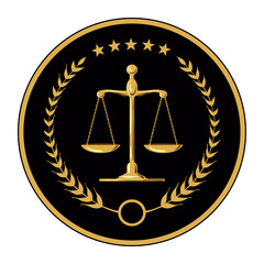 Luxury gold logo. Court, justice, scales, laurel wreath. Judicial icon in vector. Scales of justice.  The symbol of the balance of the law. Scales in a flat design. Gold balance