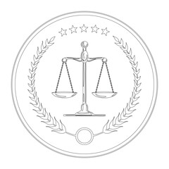 Luxury linear logo. Court, justice, scales, laurel wreath. Judicial icon in vector. Scales of justice.  The symbol of the balance of the law. Scales in a flat design. Gold balance