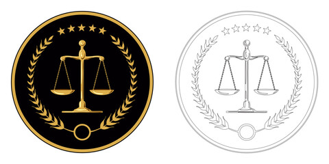 Luxury gold logo. Court, justice, scales, laurel wreath. Judicial icon in vector. Scales of justice.  The symbol of the balance of the law. Scales in a flat design. Gold balance