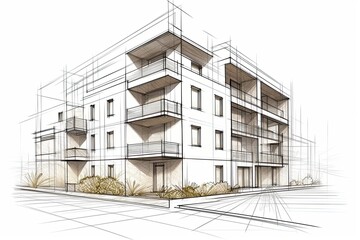 linear project of block of flats. Architectural concept sketch of modern apartments. Illustration Generative AI. 