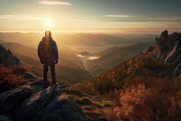 Fototapeta premium Fictional Hiker stands at the summit of a mountain. sunset in the mountains. Generative AI