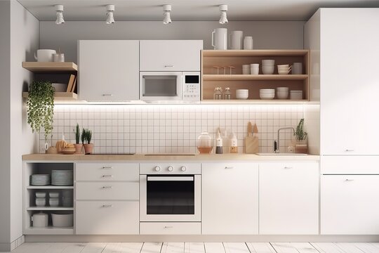 Interior of kitchen with modern oven | modern Nordic kitchen in loft apartment. 3D rendering | Modern Contemporary kitchen room interior .white and wood material 3d render, Generative AI