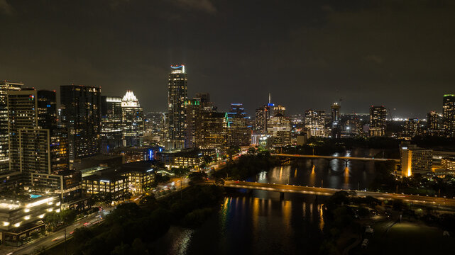 Austin, Texas Aerial with River at Night 