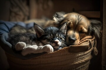 Cat and Dog Sleeping Together, puppy and kitten, Peaceful Coexistence (Ai generated)