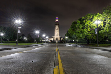 Baton Rouge Louisiana Capitol and street at night