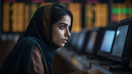 A young woman trading in an important stocks exchange, buying et selling shares, and giving advises to shareholders. Ultra-realistic illustration created with generative AI. - obrazy, fototapety, plakaty
