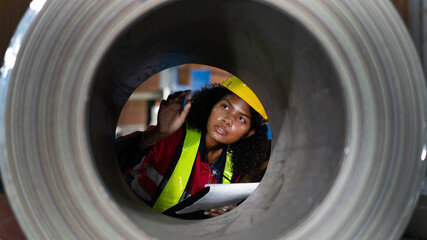 Industrial Engineers or Foreman inspecting and check up machine at factory machines.Technician...