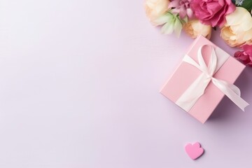Pink roses and Gift box with copy space. Generative AI.