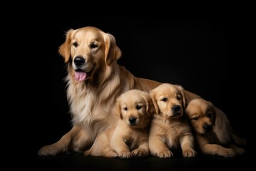 Golden retriever puppies in a dark background. Generative AI.
