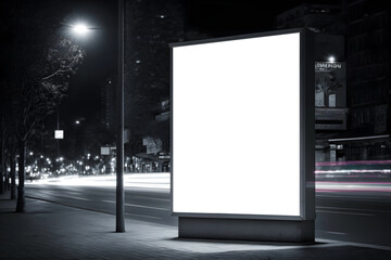 Empty space advertisement board, blank white signboard on roadside in city, Vertical blank billboard in city in night time, generative ai	
