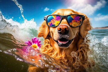 Surf's Up: Golden Retriever Riding Waves on Ocean Sea (AI generated)