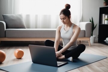 Home workout concept woman in the living room with a laptop. Generative AI.