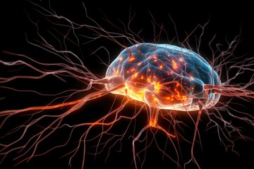 Human brain showing neural pathways. Generative AI.