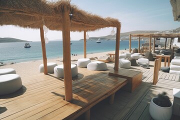Obraz premium Lounge chairs and umbrellas on the beach. Generative AI.