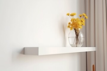 Mockup white wall with flower vase on Shelf. Generative AI.